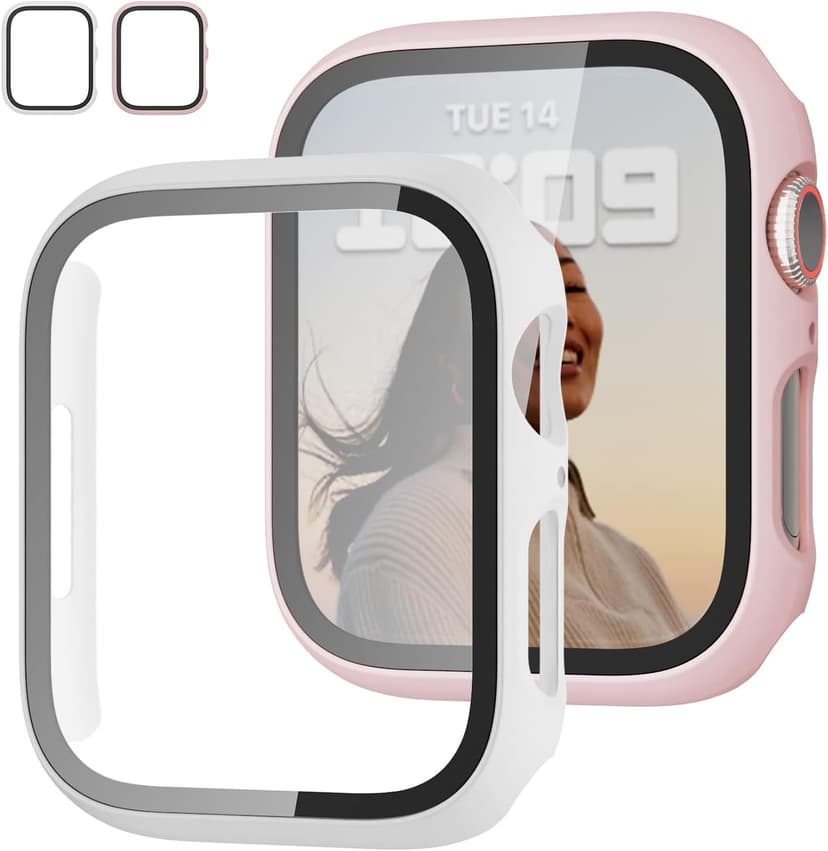 2 Pack Case with Tempered Glass Screen Protector for Apple Watch Series 3/2/1 38mm,JZK Slim Guard Bumper Full Coverage Hard PC Protective Cover HD Ultra-Thin Cover for iWatch 38mm,Pink+White