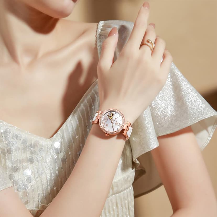 OLEVS Womens Watches Automatic Luxury Dress Ladies Watch Ceramic Strap Rose Gold Self Winding Female Wrist Watch