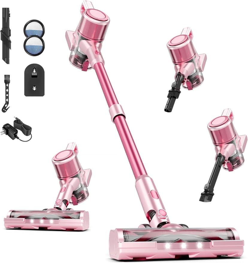 Cordless Vacuum Cleaner, 38Kpa Powerful Stick Vacuum Cleaner with 45mins Rechargeable Battery, LED Anti-Tangle Brush, 8-in-1 Handheld Vacuum Cleaners for Home/Pet Hair/Carpets/Floors, Pink