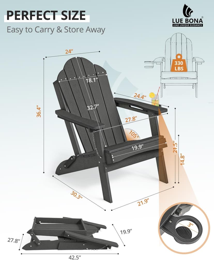 LUE BONA Folding Adirondack Chair, Chairs Set of 4, Cup Holder, Woodgrain, Fire Pit, Patio, Pool, Black