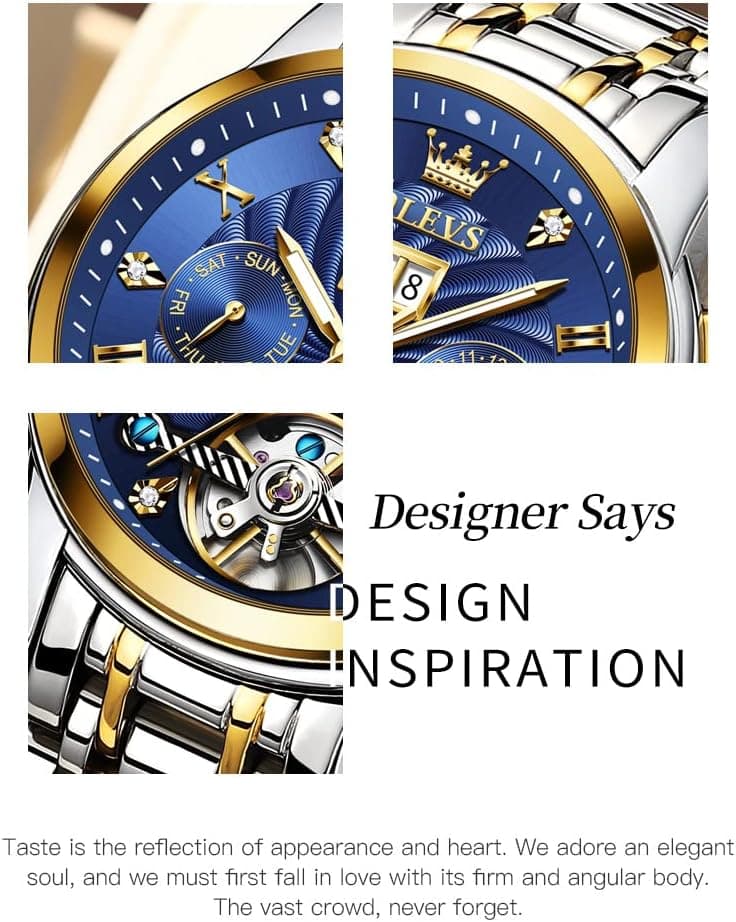 OLEVS Men Automatic Watch Skeleton 5 Hands Mechanical Classic Luxury Multi Calendar Stainless Steel Waterproof Wrist Watch for Men