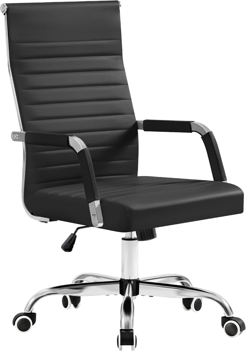Furmax Ergonomic Office Desk Chair, Executive Ribbed Mid-Back PU Leather Conference Room Chair Adjustable Swivel Chair with Arms (1, Black)