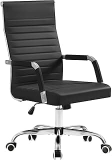 Furmax Ergonomic Office Desk Chair, Executive Ribbed Mid-Back PU Leather Conference Room Chair Adjustable Swivel Chair with Arms (1, Black)