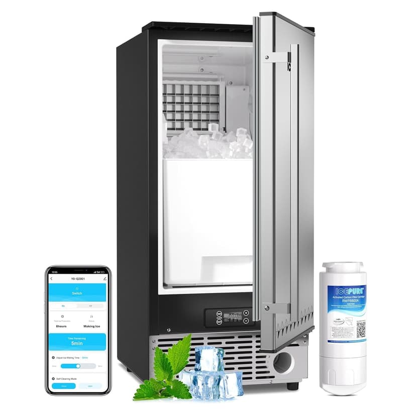 ICEPURE 15“ Under Counter Ice Maker, Built-in/Commercial Ice Machine with Drain Pump, 90 Lbs/24H, Auto-Cleaning, 24H Timer, 26Lbs Storage, Stainless Steel, Perfect for Commercial & Home