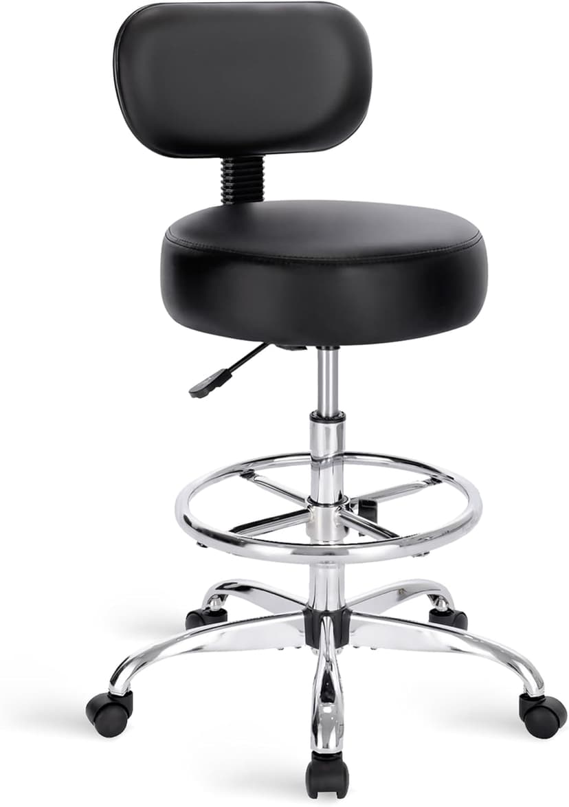 SUPERJARE Drafting Chair with Back, Adjustable Foot Rest Rolling Stool, Multi-Purpose Office Desk Chair, Thick Seat Cushion for Home Bar Kitchen Shop - Black