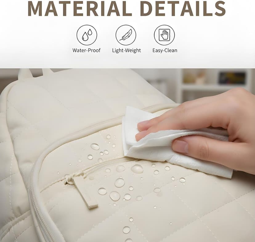 KAILUOLAI Quilted Backpack, Water-Resistant Nylon Bookbag for 15.6 Inch Laptop, College Bookbag Travel Backpack for Men Women (Off-white)