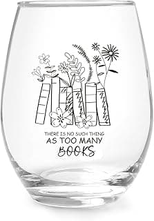 Jogskeor Book Lover Gift Stemless Wine Glass 15oz - There Is No Such Thing As Too Many Books Wine Glass for Book Lover, Birthday Christmas Gifts for Readers Bookworm Her Mom Him Dad Friend