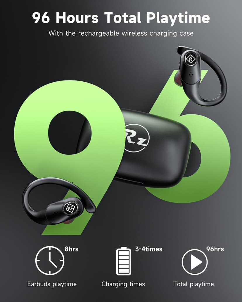 Wireless Earbuds Bluetooth Headphones 96H Playtime LED Display Waterproof Built in Mic Deep Bass Sound Secure Over Ear buds Earhooks for iPhone Android Samsung Cell Phones Sport Running Workout Gaming