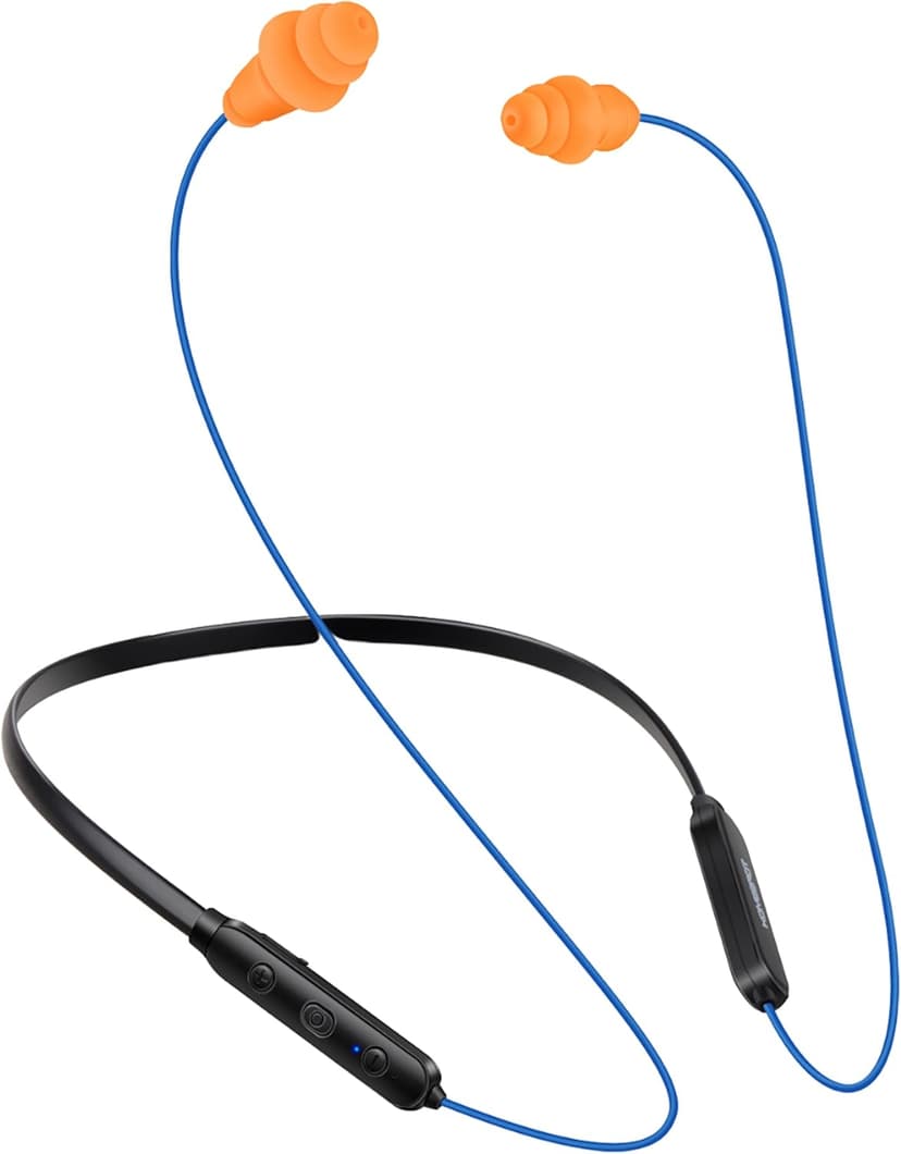 HomeSpot Noise Reduction Wireless Neckband Headphones with Qualcomm aptX HD, 27dB NRR, CVC Noise Cancelling Mic & Controls and 20H Playtime for Work Safety OSHA Compliant - Blue Wire Orange Earbuds