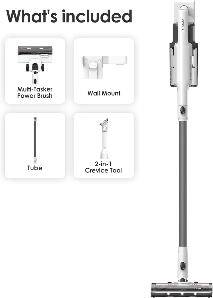 Tineco A20 Cordless Stick Vacuum Cleaner, Powerful Suction, 3 Modes for Multi-Level Messes, 1L Larger Dustbin, Ergonomic Dual-Handle Design, Wall-Mount Dock, LED Headlight