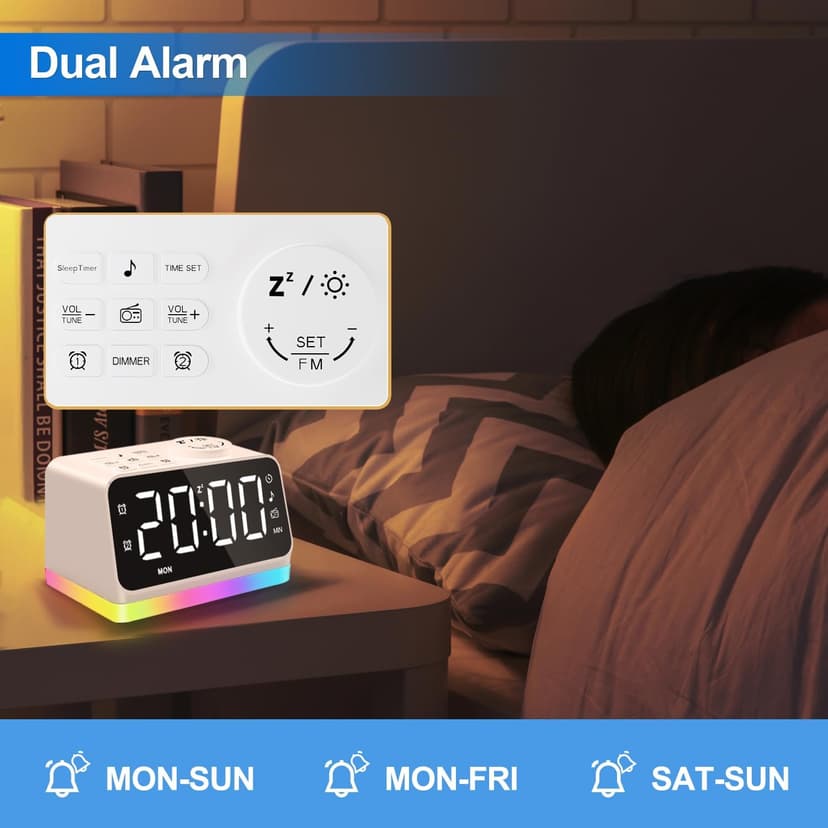 JALL Digital Alarm Clock with FM Radio for Bedroom, 8 Colors Night Light with Charging Port, Sleep Sound Machines with Timer, Dual Alarm (White with White Font)