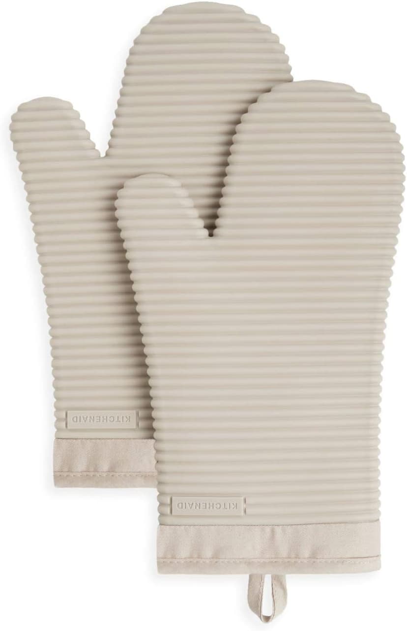 KITCHENAID Ribbed Soft Silicone Oven Mitt 2-Pack Set, 7.5"x13", Milkshake Tan B08J8GZXKZ