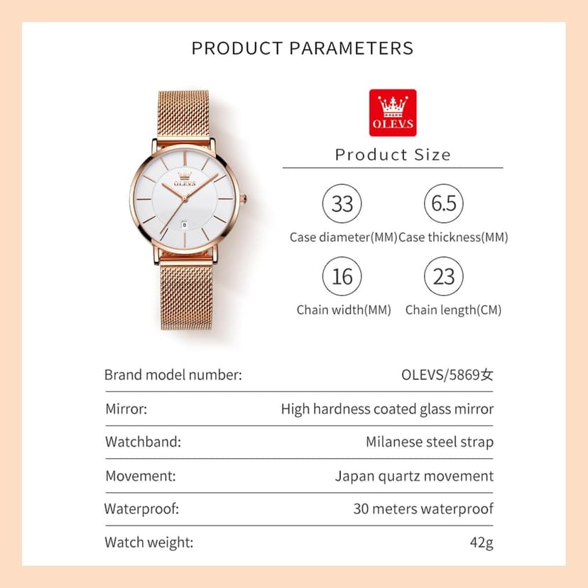 OLEVS Women's Watch Luxury Dress Rose Gold Women Slim Thin Lightweight Watch Stainless Steel Mesh Watches Fashion Waterproof Ladies Wrist Watch Black White Blue Face,Adjustable Bracelet
