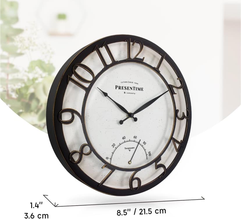 Presentime & Co 13" Farmhouse Outdoor Wall Clock w/Outdoor Thermometer, Cottage Style, Raised 3D Arabic Numerals, Oil Rubbed Bronze Finish (Wall Clock for Patio, Cottage, Poolside, Garden Spaces)