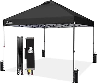 CROWN SHADES 10x10 Pop Up Canopy Tent - Patented Center Lock One Push Instant Outdoor Canopy Beach Tent with STO-N-Go Bag 8 Stakes & 4 Sand Bags，Black
