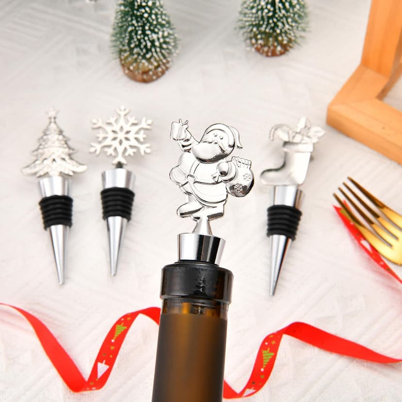 4PCS Christmas Wine Bottle Stoppers, Alloy Xmas Wine Bottle Stoppers for Keeping Wine Fresh,Wine Accessories Gift for Hostess Christmas Bottle Corkers,Winter Decor Bottle Stopper Holiday Party Supplie