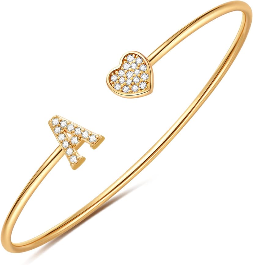 Adjustable Open Cuff Bracelet, Dainty Letter Jewelry, Daughter Sister Bridesmaid Friend, Birthday Christmas Graduation Gift Gold Bracelets for Women Teen Girls, 14K Gold Plated Initial Heart Bangle B0BN2VW1K4