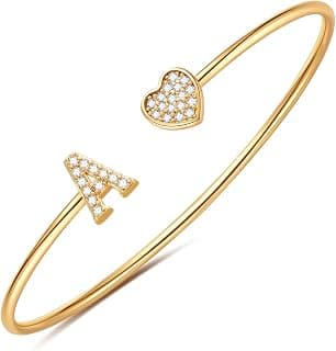 Adjustable Open Cuff Bracelet, Dainty Letter Jewelry, Daughter Sister Bridesmaid Friend, Birthday Christmas Graduation Gift Gold Bracelets for Women Teen Girls, 14K Gold Plated Initial Heart Bangle B0BN2VW1K4