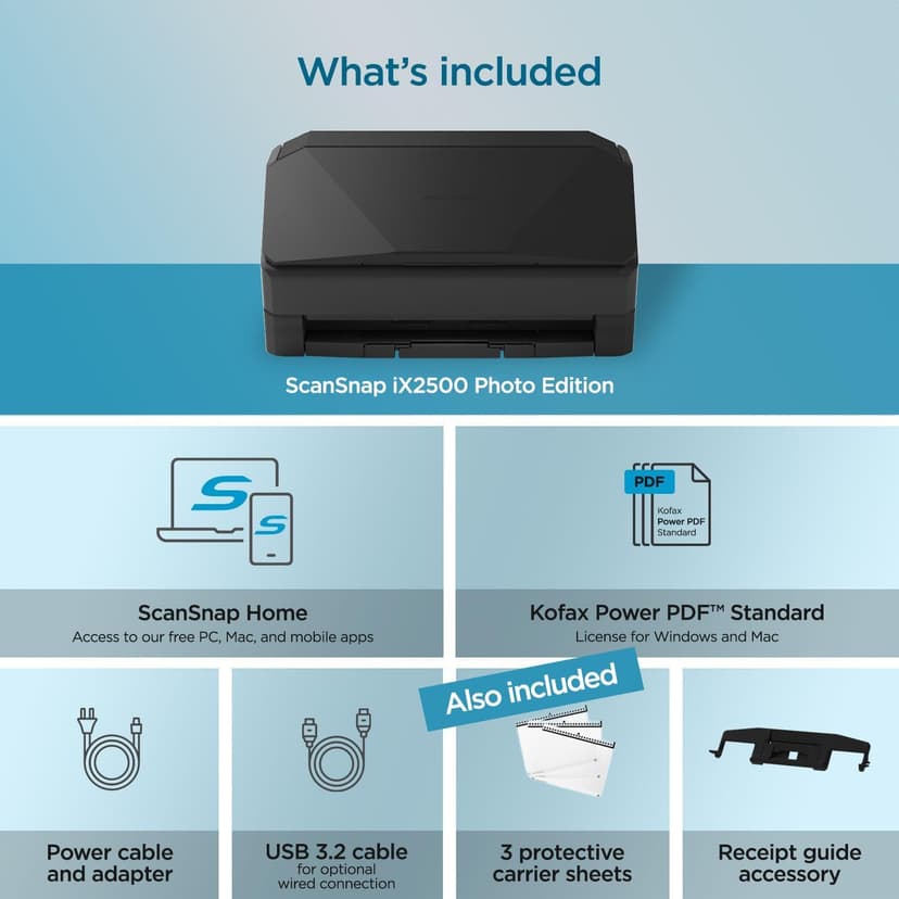 ScanSnap iX2500 Photo Edition Wireless or USB High-Speed Cloud Enabled Photo, Document & Receipt Scanner with Large 5" Touchscreen for Mac or PC, Black