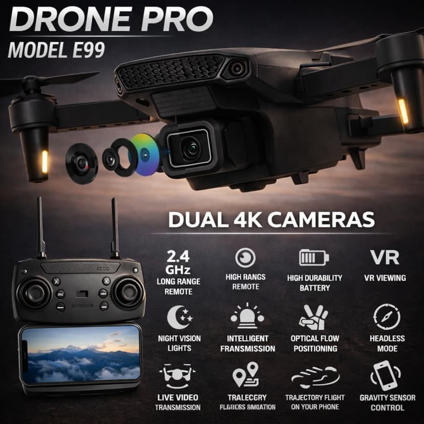 Mini E99 Pro RC Drone with Dual Camera, WiFi FPV, Foldable Design, Brushless Motor, Remote Control, 1 Rechargeable Batteries – Electronic Camera Drone