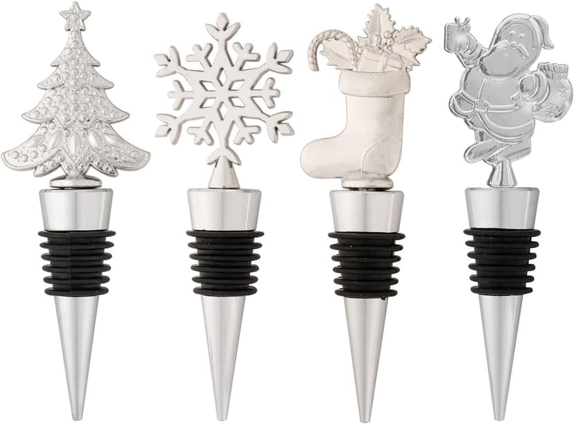 4PCS Christmas Wine Bottle Stoppers, Alloy Xmas Wine Bottle Stoppers for Keeping Wine Fresh,Wine Accessories Gift for Hostess Christmas Bottle Corkers,Winter Decor Bottle Stopper Holiday Party Supplie
