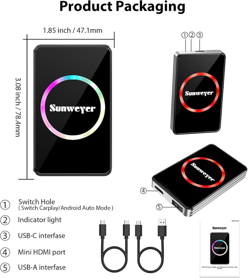 Sunweyer Wireless CarPlay Adapter Car Streaming Device Ai Box Support Netflix, YouTube, Hulu, Disney+, Android Auto Wireless Adapter with LED Ambient Light, Easy to Setup 3 in 1, Dual WiFi Bluetooth