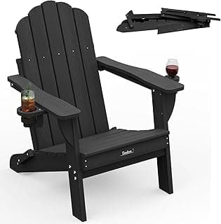 Folding Adirondack Chair,All-Weather HDPE Fire Pit Chair with 2 Cup Holders, Plastic Outdoor Chair for Patio Deck Garden Lawn, Black