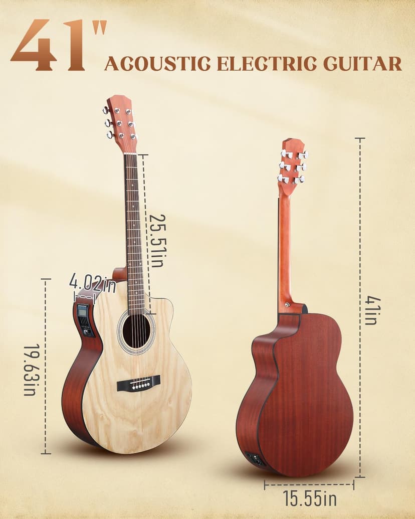 Ktaxon 41 Inch Cutaway Acoustic Electric Guitar, Full Size Manchurian Ash Body Beginner Guitars Kit with 15W Amp, Extra Strings & Capo Includes All Accessories (Natural)