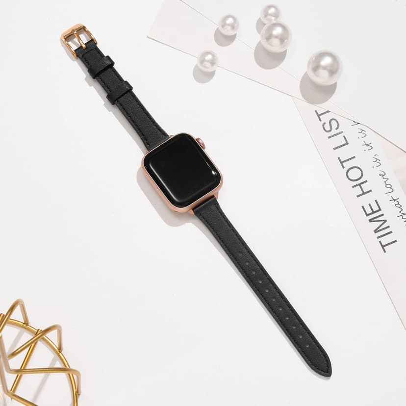 STIROLL Slim Leather Bands Compatible with Apple Watch Band 38mm 40mm 41mm 42mm(Series 11 10), Top Grain Leather Watch Thin Wristband for iWatch SE 9 8 7 6 5 4 3 2 1 (Black Rose Gold)