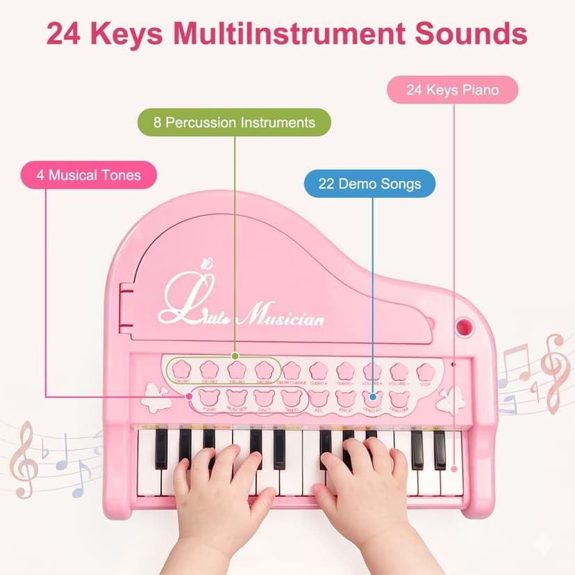 Kids Piano with 22 songs, 8 Percussion Sounds, LED lights, 4 Instrument Modes and Connect to MP3, Phone & Tablet Love&Mini Piano Toys for Girls, 24-Key with Mic, Record & Playback, Ages 3+ B08RB4H9ZN