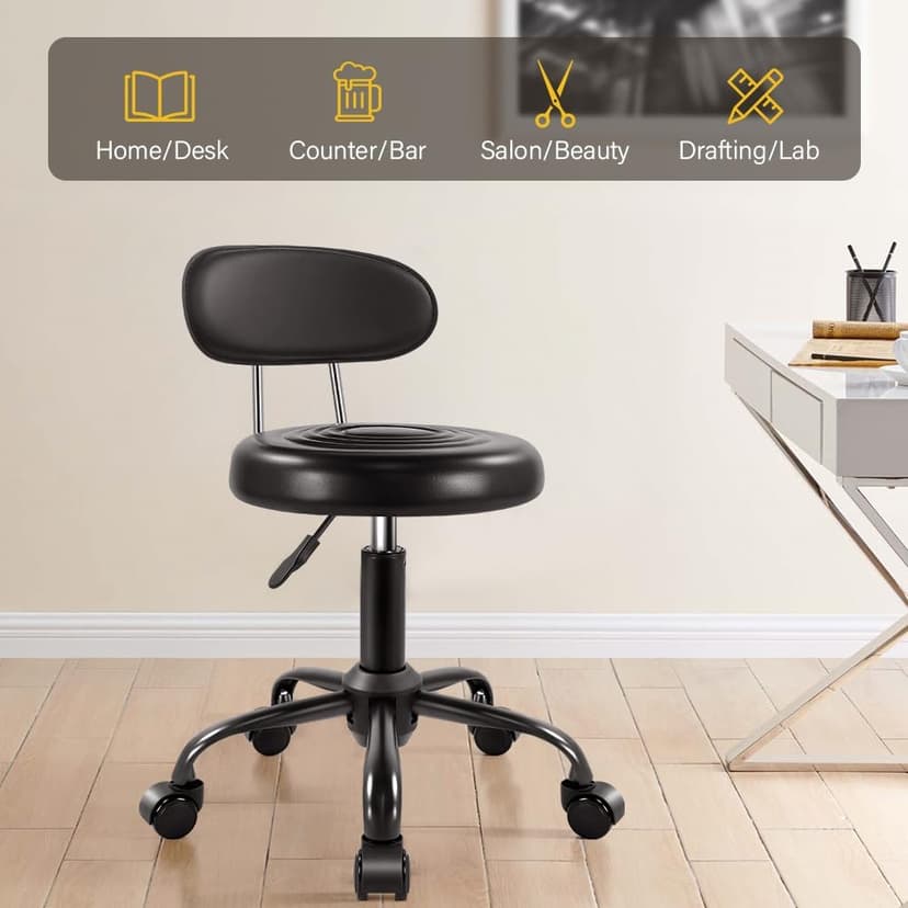 WKWKER Rolling Stool with Wheels Swivel Stool with Back Height Adjustable Chair PU Leather Rolling Chair Ideal for SPA Salon Home Office Drafting Work (Black)