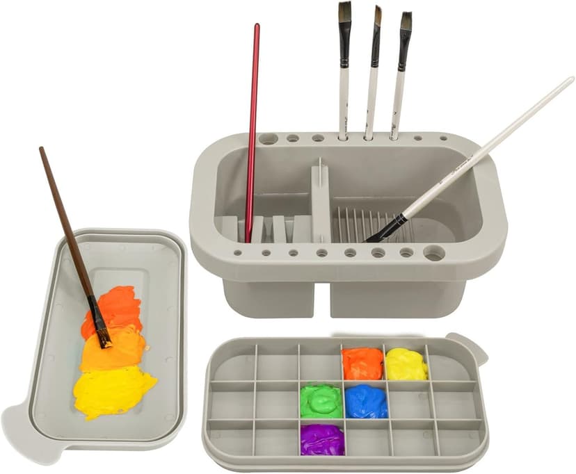 18 mixing wells, 16 slots fitting 0.24-0.63 in diameters, 3 washing compartments, removable tray lid MyLifeUNIT Paint Brush Cleaner, Paint Brush Holder with Palette, Grey B01H5JIU14