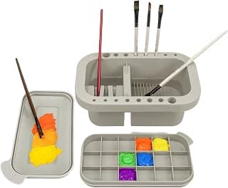 18 mixing wells, 16 slots fitting 0.24-0.63 in diameters, 3 washing compartments, removable tray lid MyLifeUNIT Paint Brush Cleaner, Paint Brush Holder with Palette, Grey B01H5JIU14