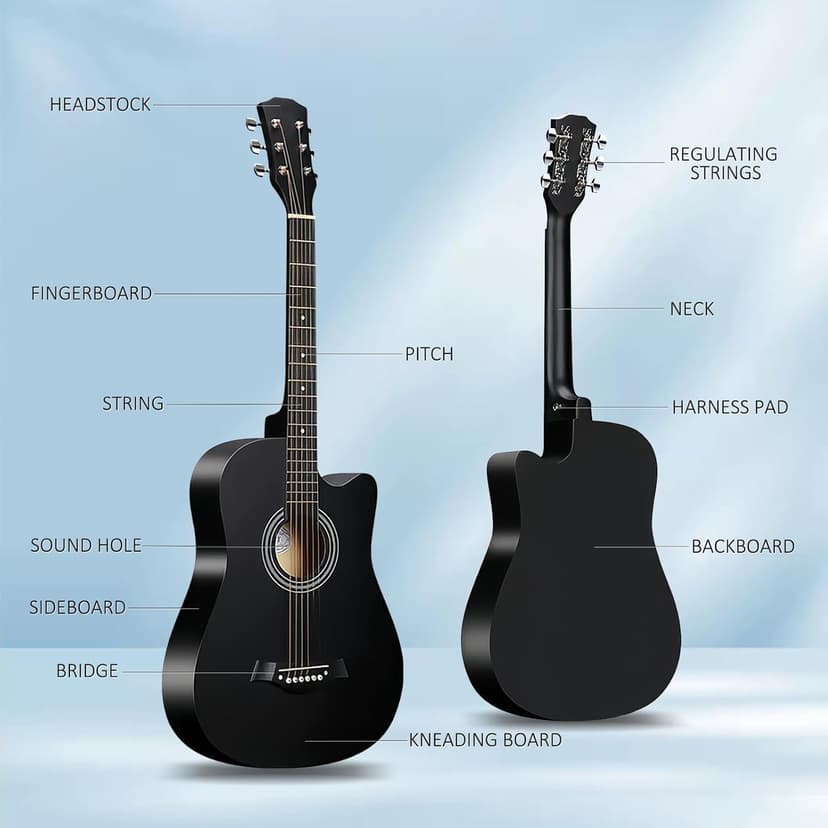 38inch Wood Acoustic Guitar, 6 Steel-String Acoustic Guitar With Guitar Bag, Elementary Tutorial of Folk Guitar for Beginners and Adults. (Black)