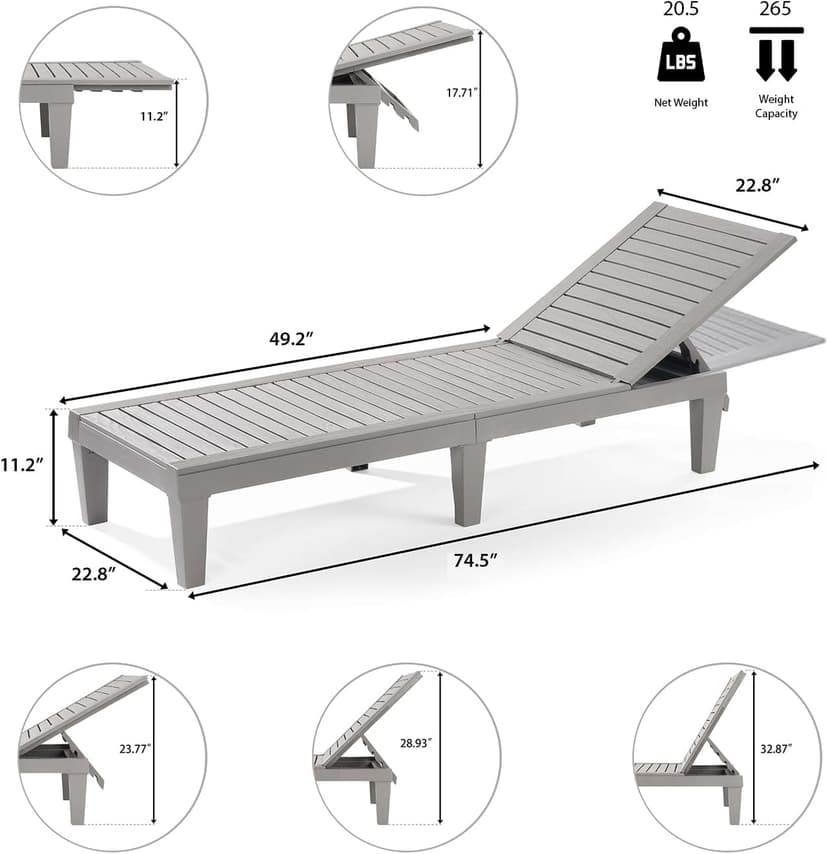 Nestl Patio Chairs - Grey Chaise Lounge Chair Outdoor, 5-Position Adjustable Sun Tanning Chair, Waterproof Pool Lounge Chairs Set of 2, Reclining Lawn Chair, Lightweight Outdoor Lounge Chairs