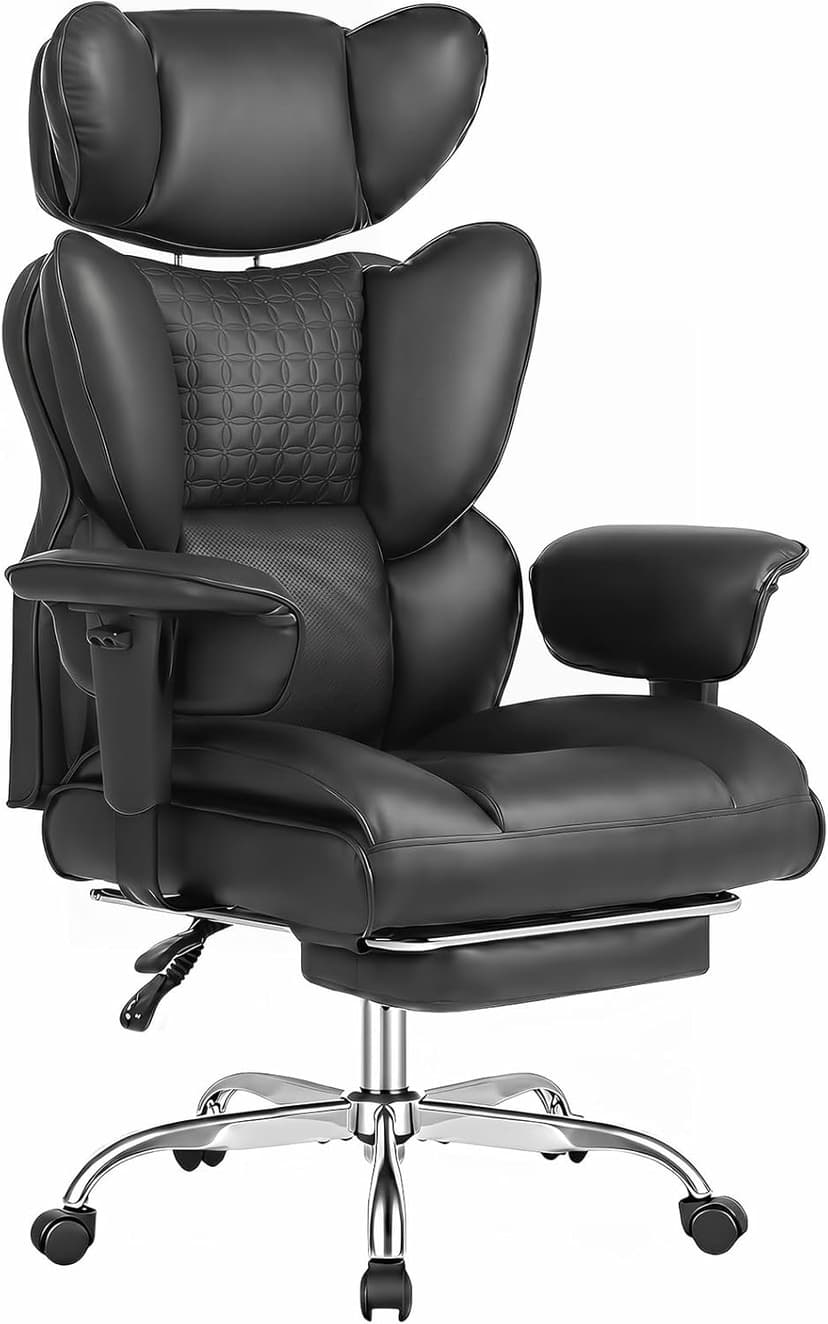 DUMOS Big and Tall Home Office Desk Chair, Gaming Computer Chair, Executive Ergonomic Chair with Footrest, High Back Reclining, Adjustable Armrests and Comfy Lumbar Support, PU Leather, Black