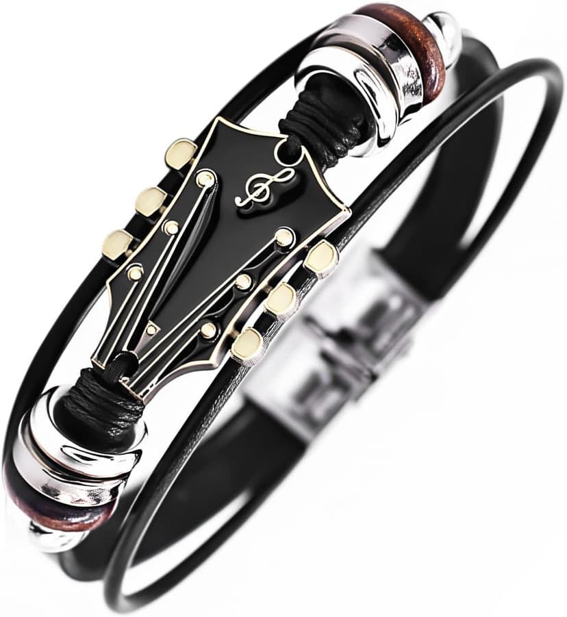 Retro Guitar Leather Bracelet for Man Women Unique Bead Braided Handmade Ethnic Tribal Cuff Multi-Layer Cords Wrap Music Shape Punk Rock Jewelry Gifts Wristband B0DXQF42VT