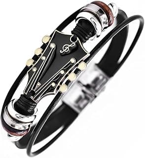 Retro Guitar Leather Bracelet for Man Women Unique Bead Braided Handmade Ethnic Tribal Cuff Multi-Layer Cords Wrap Music Shape Punk Rock Jewelry Gifts Wristband B0DXQF42VT