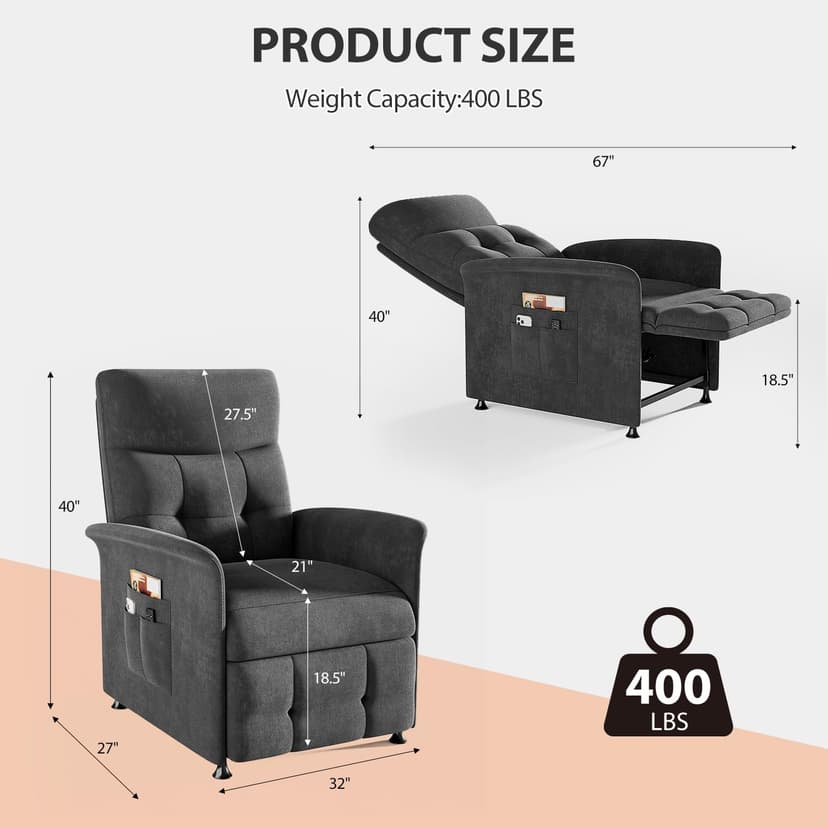 Power Recliner Chair for Adults with Heat & Massage - Soft Fabric Electric Reclining Sofa with Remote Control, 180° Lay Sleeper 3 Side Pockets for Living Room Home Theater, Dark Grey