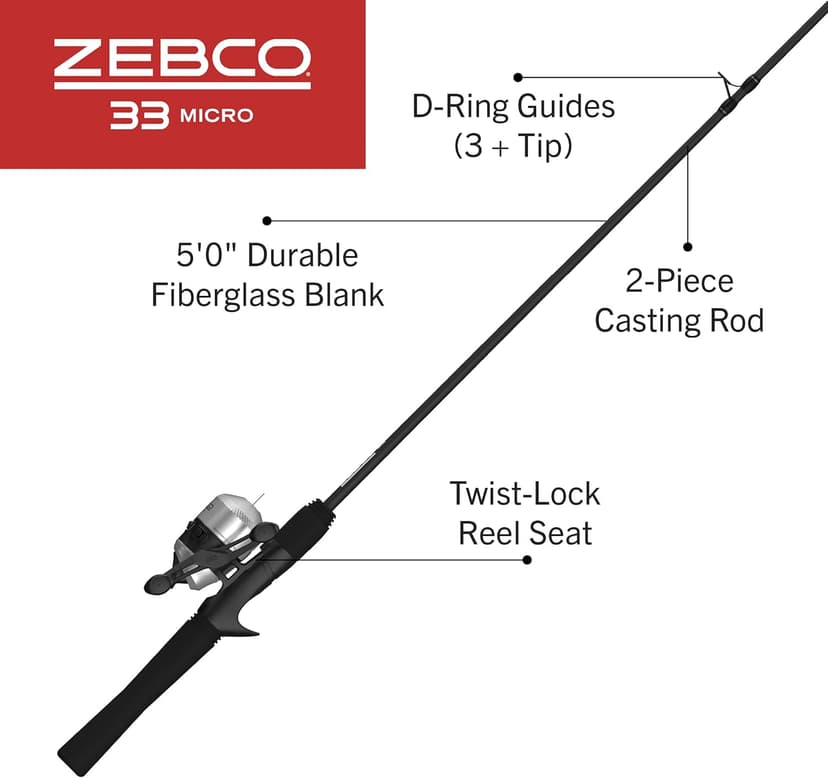 Zebco 33 Micro Spincast Reel and 2-Piece Fishing Rod Combo, 4.5-Foot Rod with Bonus Tackle Pack, QuickSet Anti-Reverse Fishing Reel with Bite Alert