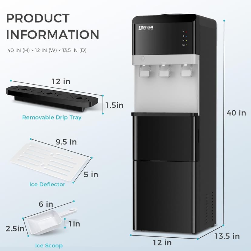 OSTBA Water Dispenser with Ice Maker for 3 & 5 Gallon Bottles, Top Loading Water Cooler with Hot Cold & Room Temperature Water, Bullet Ice Maker, Child Safety Lock for Home Office