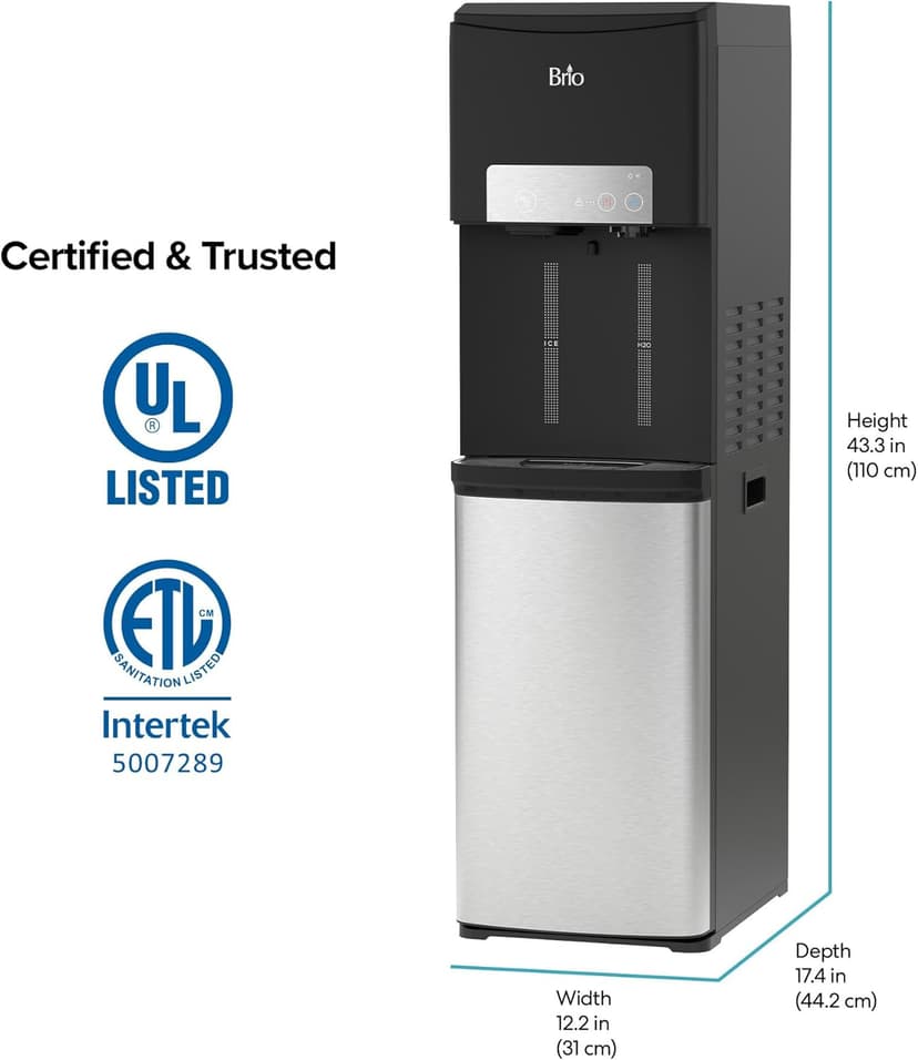 Brio ICE 420 Water Cooler Dispenser for 5 Gallon Bottle with Ice Maker, Bottom Load | UV Self Cleaning Technology, Night Light, Child Safety Lock & 2X Fast Dispense | NSF Certified - Black & Stainless