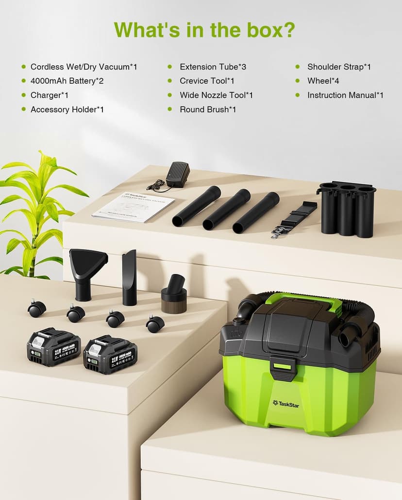 TaskStar Cordless Shop Vac, 2.6 Gal 2x4.0Ah Battery Powered Shop Vac, 3-in-1 Cordless Shop Vacuum Wet and Dry with Strap, 4 Wheels, Accessory Storage Holder, Ideal for Garage, Car, Workshop