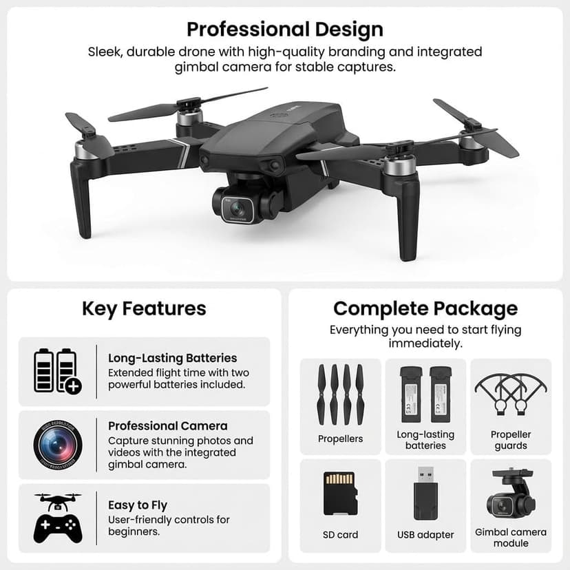 E88 Drone with Screen Controller with SD card, Foldable Mini Drone for Beginners, 2 Batteries, 360° Flips Waypoint Fly, Active Obstacle Avoidance, One Key Take Off/Landing. (2 batteries - Black)