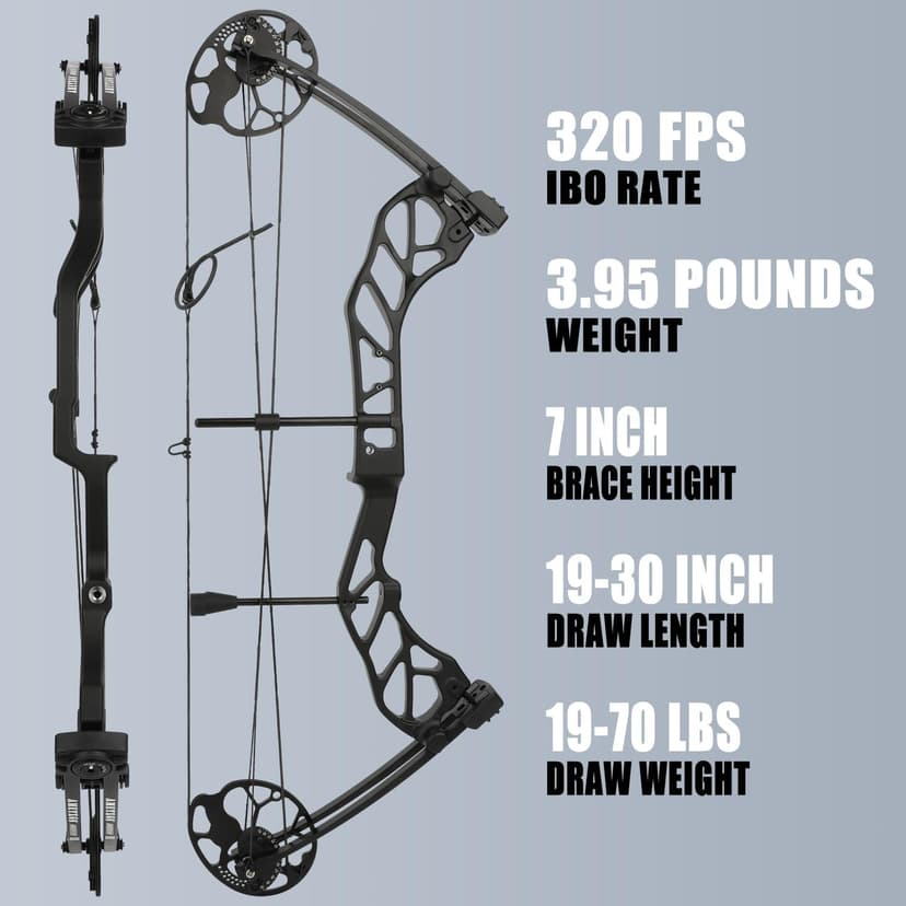 AMEYXGS Archery E8 Compound Bow Set for Adults and Teens RTH Hunting and Target Practice 19”-30” Draw Length,19-70 Lbs Draw Weight,up to IBO 320 fps,Limited Life-time Warranty