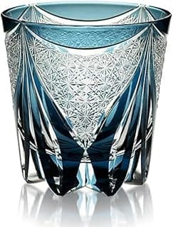 Edo Kiriko Whiskey Glass – Elegant Japanese Style Deep Blue Glass with Chrysanthemum & Flame Motif, Hand-Cut Spirits Tumbler for Whiskey & Cocktails
