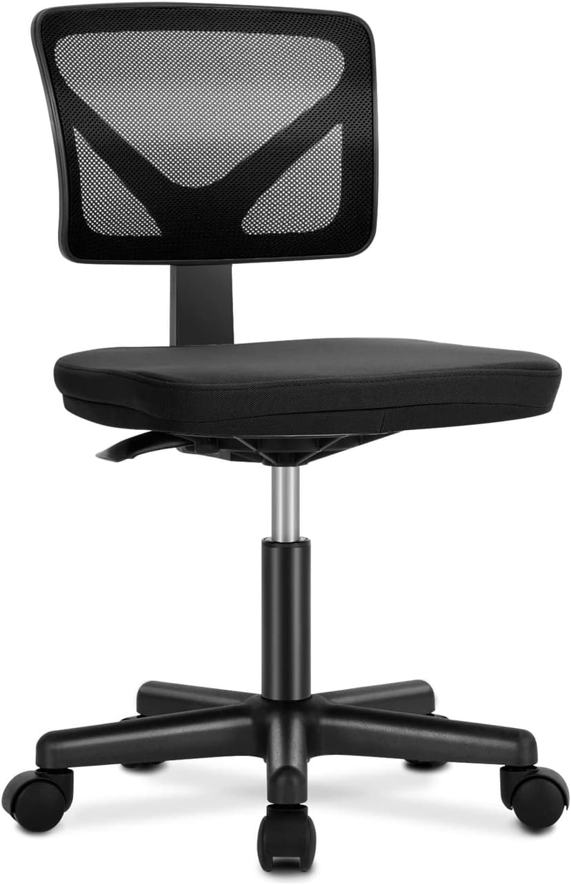 DUMOS Armless Office Chairs with Wheels, Ergonomic Adjustable Home Desk Swivel Rolling Task Chair No Arms, Comfy Mesh Mid Back Computer Work Vanity Desk Chairs for Small Spaces, New Black