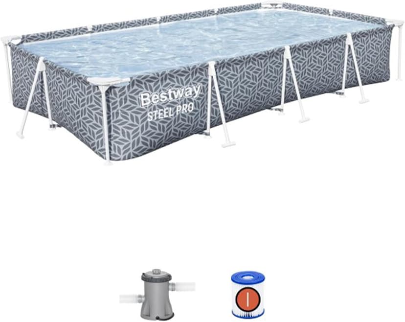 Bestway Steel Pro Rectangular Swimming Pool Above Ground Outdoor Backyard Framed Pool Set with 330 Gallon Filter Pump, 12' x 6' 7" x 26", Gray