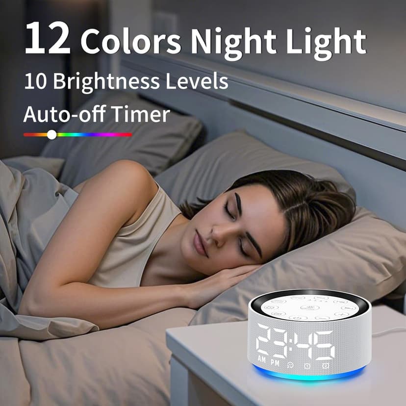 Sound Machine White Brown Noise Machine with 30 Sleeping Sounds for Baby Kids Adults Night Light Bedroom Alarm Clock 2 Alarms Backup Battery 32-Level Vol 15 Wake up Sounds for Mild Heavy Sleeper