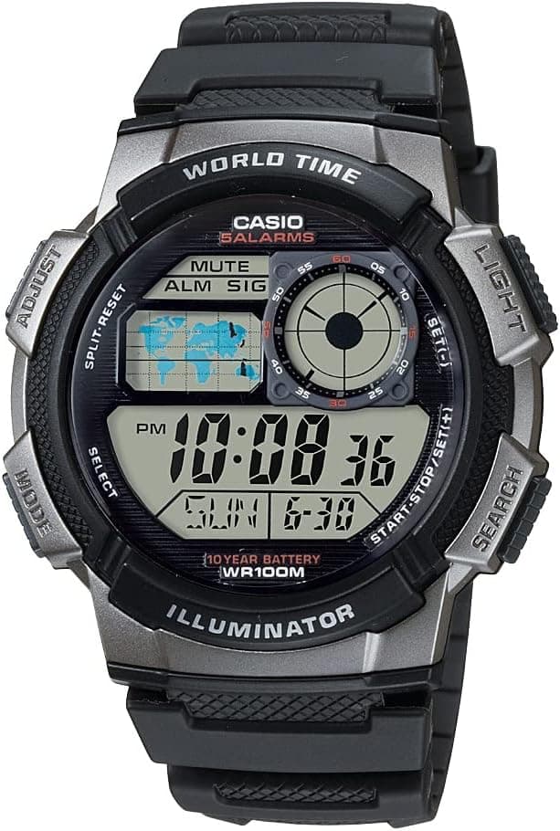 Casio AE1000W Series | Men’s Digital Watch | 100M WR | Multi Alarms | 100 SEC Stopwatch | Countdown Timer | World Map for World Time | LED Light | LC Analog Display | 10 Year Battery